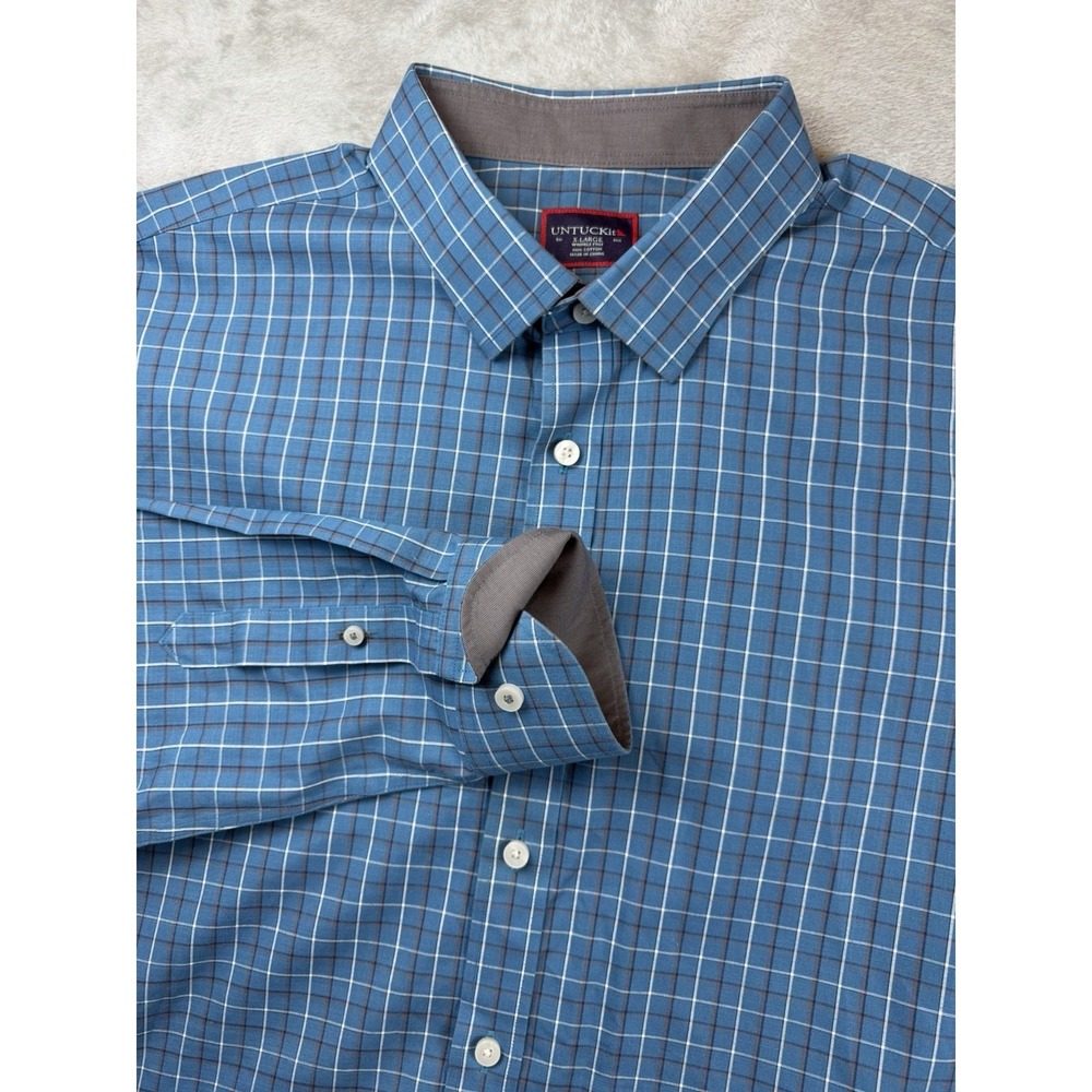 UNTUCKit Seastone Shirt Men's XL Blue Gray White Plaid Long Sleeve Contrast Cuff